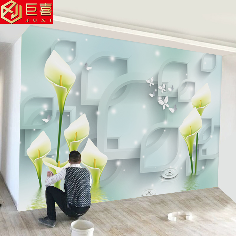 [$16.12] 3D living room TV background wallpaper Calla blue 5D film wall