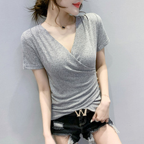 European station 2021 new sexy cross collar t-shirt women short sleeve summer irregular fashion waist slim coat tide