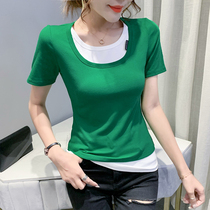 Fashion contrast color short-sleeved t-shirt womens summer new European station fashion fake two-piece top Western style slim t-shirt tide