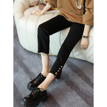 Plain wood design sense niche high waist split jeans 2021 New European women Spring and Autumn large size black pants