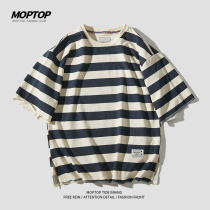 MMOPTOP Summer Short Sleeve T-Shirt Male Stripe Loose Casual Round Collar Compassionate Mens Day Ensemble Trending Undershirt Jacket