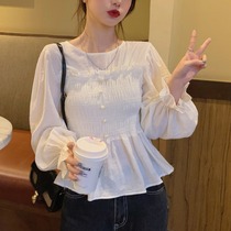 2021 summer Korean fashion Joker waist thin temperament solid color round neck wooden ear bubble sleeve top tide
