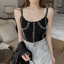 2021 nian summer Korean version of sweet slim slimming wild design beaded wavy sling crop vest-music of the tide