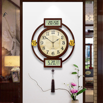 2021 new new Chinese wall clock household living room Chinese style clock round wood fashion wall-mounted radio clock
