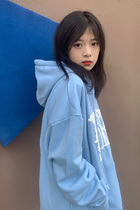 Soft cream blue refusal smoking foam printed sweater female niche design loose Japanese top hoodie