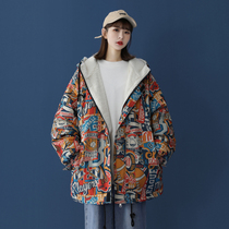Fat size American retro cotton coat coat womens winter loose Korean lamb wool plus velvet thickened graffiti cotton suit