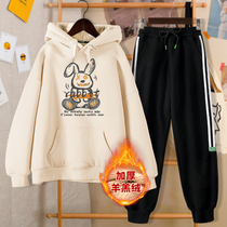 Junior high school students Sports Leisure set women winter 2021 new autumn winter plus velvet thick size sweater fashion