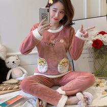 Coral velvet pajamas womens autumn and winter long sleeves cute thick and velvet suit winter flannel can be worn outside home clothes
