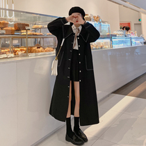 College style black trench coat female long Korean chic student loose knee retro navy collar coat jacket