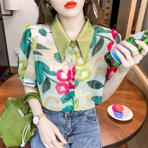 2021 summer new niche design sense POLO collar print fairy fan bubble short sleeve age age chiffon shirt Women