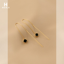 Floral Trail Black Small Square Earline Woman Superior Super Fairy temperament Long Flow Soar pendant with a face-to-face and thin earpiece