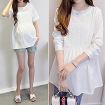 2022 Spring loaded with new round collar Long sleeves pure cotton pregnant woman shirt A version of the bottom blouse Summer clothes minimalist pregnant woman shirt