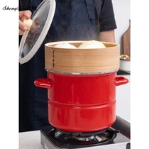 Enamel enamel double-layer Mini small steamer home thickened steamed fish soup pot integrated induction cooker gas