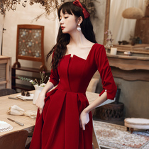 Toast bride long sleeve engagement small man winter wedding dress red evening dress female winter