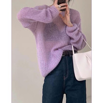 Large size Violet hollow pullover loose fried street knitted sweater female autumn Japanese lazy wind wear blouse tide