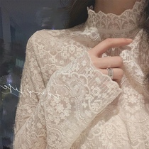 Lace base shirt female spring and autumn with half high collar gauze design sense of foreign style hollow mesh gauze fashion shirt winter
