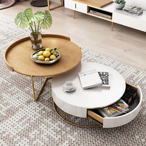 Simple solid wood tea table small family type living room net red ins iron art round tea table combined with drawer tea table