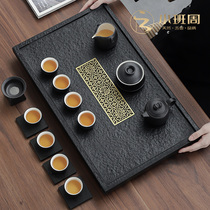 天然整块乌金石茶盘家用简约纯铜火烧石茶台黑金石茶海电磁炉一体