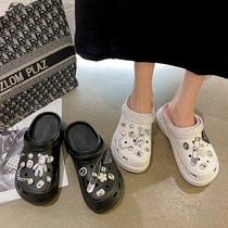 Thick bottom hole shoes womens summer new fashion pin crystal bear triangle non-slip muffin outside wear cool slippers