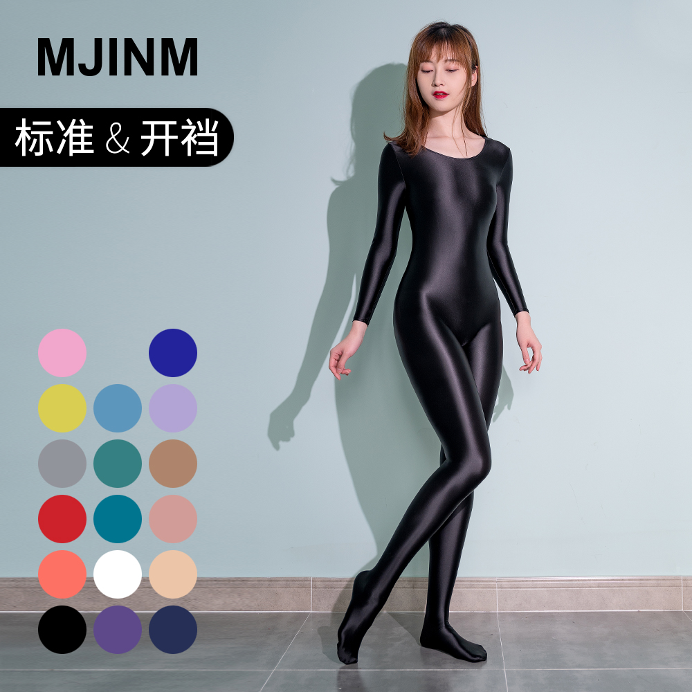 MJINM は、長袖と足が長い女性のための唯一の美しい伸縮性のある光沢のあるタイツのボディシェイピング ボディビル スポーツ オールインクルーシブ ジャンプスーツです。