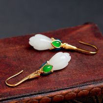 s925 silver inlaid Hetian jade magnolia earrings white jade jade cloisonne earrings earrings ear hook female