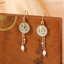  Ancient style jade earrings 14k real gold fashion tassel earrings womens long Chinese style jade earrings