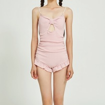 Cicory pearl pink pleated belly lace upturned buttocks open-backed Japanese soft fairy student one-piece swimsuit