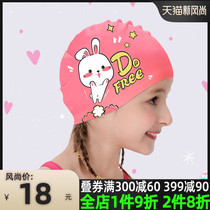 Childrens swimming cap Girls  long hair waterproof head protection ear print silicone plus size cute swimming cap goggles
