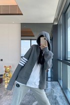 tb coat women spring and autumn 2021 New loose cardigan sports waffle casual sweater tide ins stripes hooded