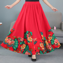 2021 new national style womens cotton and linen elastic waist skirt splicing printed large swing long skirt square dance skirt