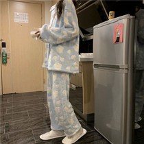 Autumn and winter coral velvet pajamas female students can wear new cute plus velvet padded home clothes two-piece ins