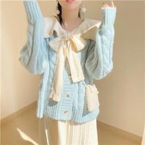 Very fairy sweater womens cardigan blue 2021 autumn and winter New loose slim lazy short knitted coat