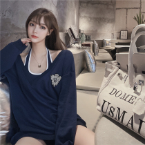 gjbd autumn and winter New Foreign style Korean version sexy neck small sling long coat V collar loose sweater set
