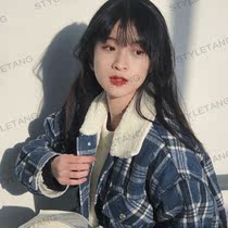 Lamb wool cotton coat dark blue plaid lapel Korean loose coat female ins tide girl 2021 Winter