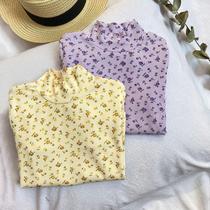 Small and medium-sized children Spring and Autumn high collar thin floral base shirt girl inner top baby purple yellow pink