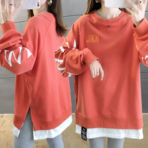 Maternity autumn and winter Korean version of the mock two-piece plus velvet thickening loose Western style tops chao wang red pregnant women sweater outer wear