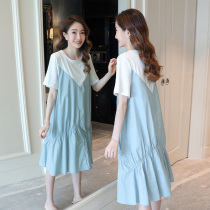 Maternity summer dress 2021 new stitching cotton loose dress tide mother summer maternity dress medium-long long dress
