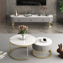 Nordic small apartment Marble round coffee table Simple modern light luxury tea table Living room household TV cabinet combination