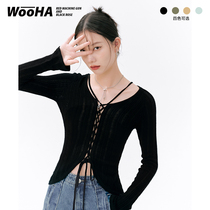 Woooha Wu Ha Spring New Inner Hitch Hanging neck blouses V collar pure desire to be windy and hollow-strap needle weaseled women
