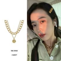 Zhou Yutong with the same necklace temperament hip-hop stacked big gold chain clavicle chain retro beauty head double sweater chain