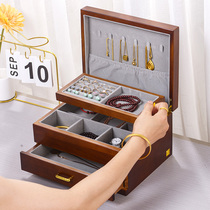2022 new solid wood jewelry gold wedding three gold jewelry box advanced multi-layer anti-oxidation wooden storage box