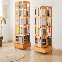 Rotating bookshelf 360-degree bookcase landing solid wood shelf student home simple bookcase children living room storage
