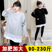 Plus size pregnant women sweater set Spring and Autumn long sleeve T-shirt 200kg fashion fake two loose autumn coat tide