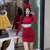 Christmas themed clothes suit womens red and white fur sexy short Dew Navel Blouse short skirt Two sets