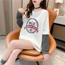 Foreign style pregnant women go out in autumn fashion 2021 new womens long-sleeved T-shirt striped spring and autumn clothes base shirt