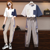 High-end large size womens clothing 2021 spring and summer new fat sister foreign style age reduction and thin casual overalls two-piece suit