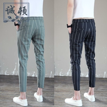 Casual pants mens Korean version of slim nine-point pants fashion trend vertical striped pants autumn social spirit boy