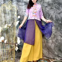Retro literary National style button cotton linen mosaic fairy air shirt loose top 2021 summer Women wide leg pants set