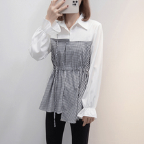 Pregnant womens autumn long sleeve size adjustable plaid shirt long stitching fake two-piece thin T-shirt