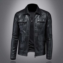 High-end leather jacket mens 2021 Spring and Autumn new trend casual retro multi-pocket motorcycle leather jacket tide